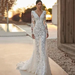 RODDRSYA Lace Boho Wedding Dresses Mermaid Illusion Bridal Dress Long Sleeve V-Neck Gown Bride New Vestido De Novia Customized