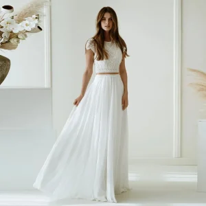 Charming Two Pieces Wedding Dresses Scoop Cap Sleeves Chiffon Beach Bridal Gown 2025 Zipper Lace Bride Dress Customized New
