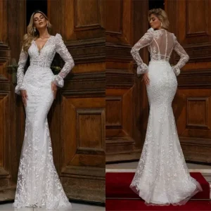 Elegant Luxury Glamorous Long Sleeve Wedding Dress Sexy Mermaid Deep V-Neck Transparent Backless Decal Bridal Dress Customized