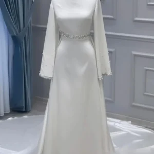 Ciynsia Customized Elegant Long Sleeve Muslim Wedding Dress 2025 Bride Beaded Pearls Ivory Bridal Gowns High Neck Robe De Mariée