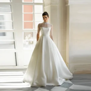 2026 Illusion Satin Wedding Dresses For Women High Neck Lvory A-Line Bride Gown Mopping Length Ball Vestidos De Noiva Customized