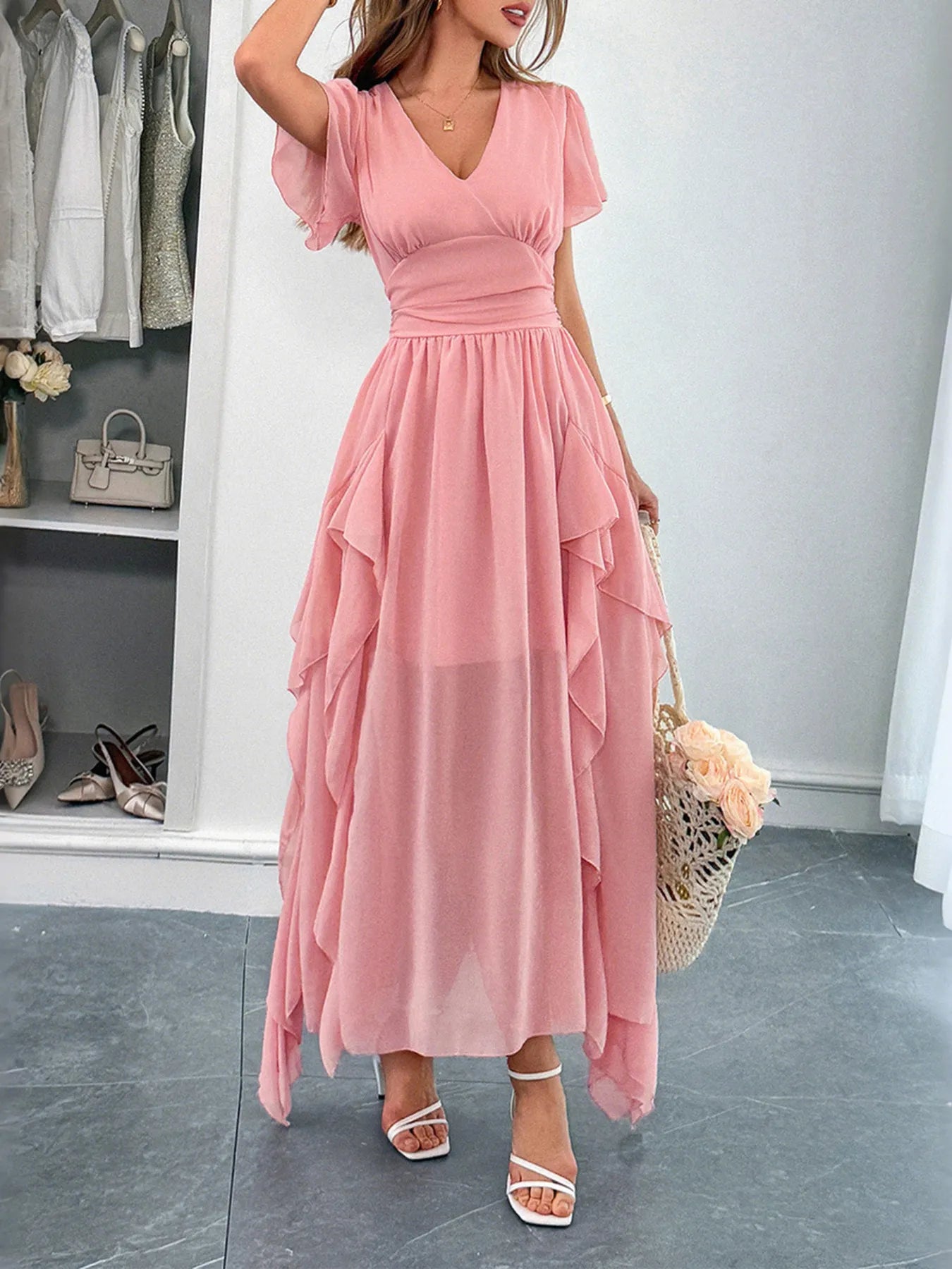 V-Neck Flutter Sleeve Dress - Image 2