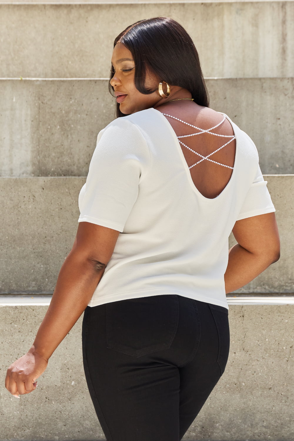 And The Why Pearly White Full Size Criss Cross Pearl Detail Open Back T-Shirt - Image 7