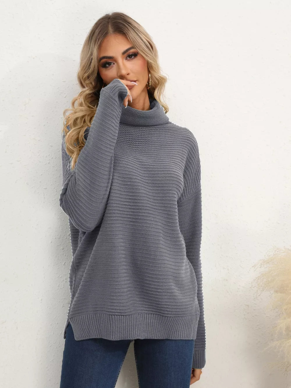 Slit Turtleneck Dropped Shoulder Sweater - Image 21