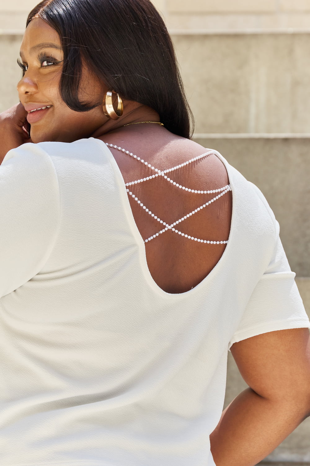 And The Why Pearly White Full Size Criss Cross Pearl Detail Open Back T-Shirt - Image 12