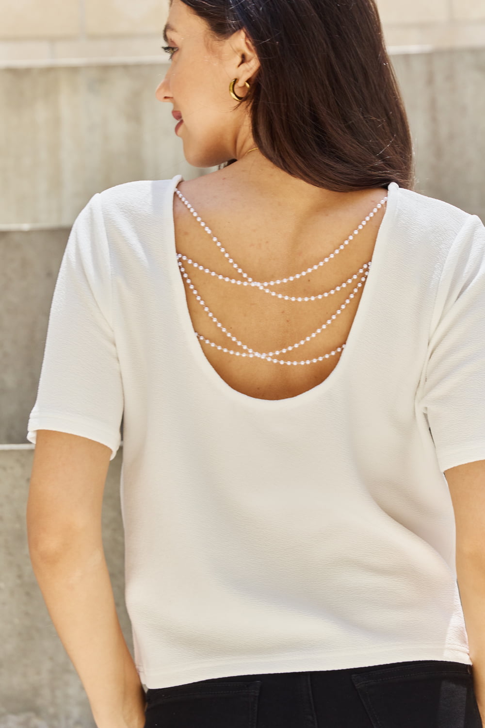 And The Why Pearly White Full Size Criss Cross Pearl Detail Open Back T-Shirt - Image 6