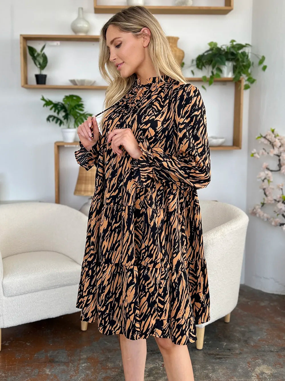 Double Take Full Size Printed Ruffle Hem Long Sleeve Dress - Image 15