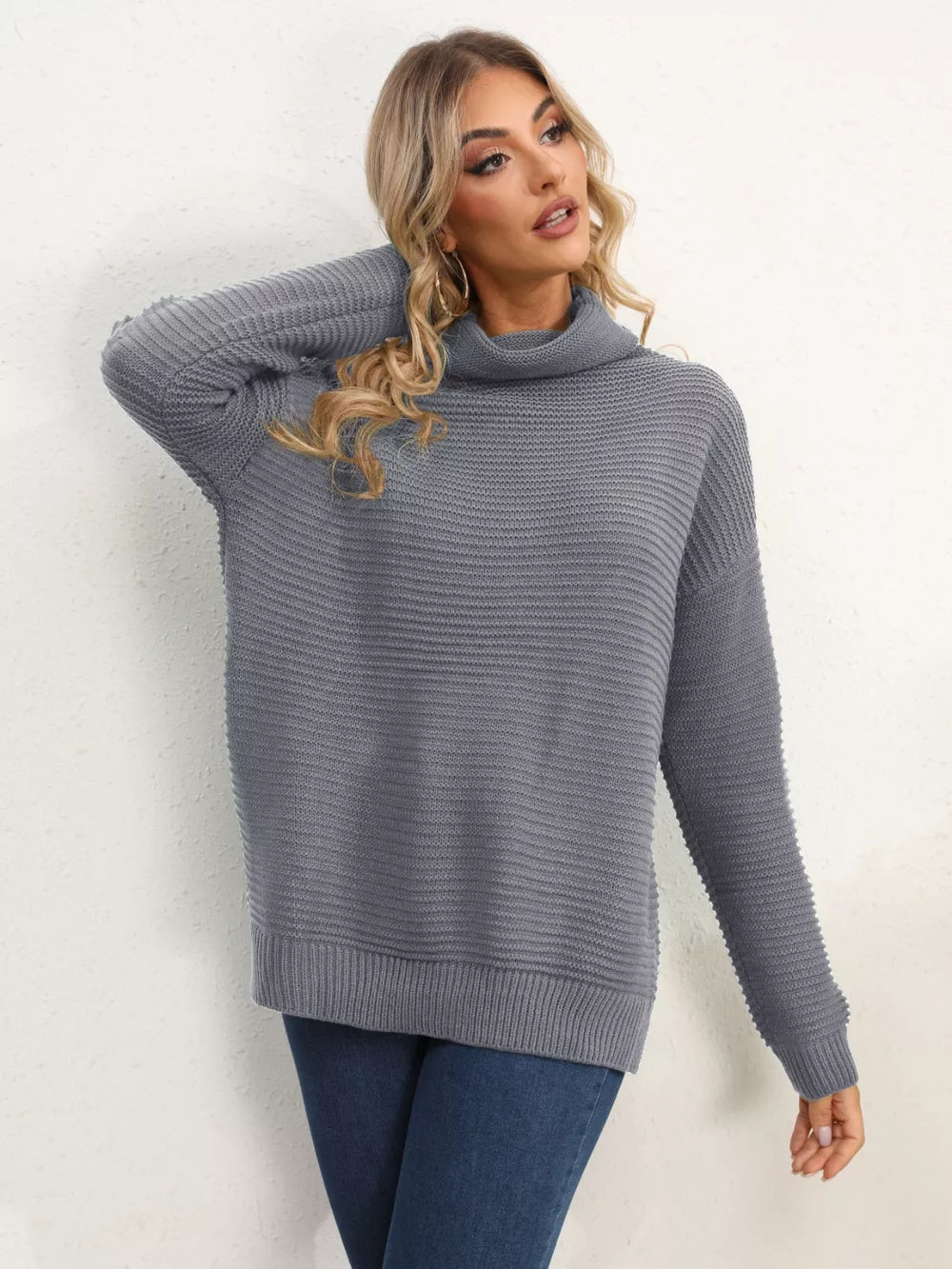 Slit Turtleneck Dropped Shoulder Sweater - Image 23