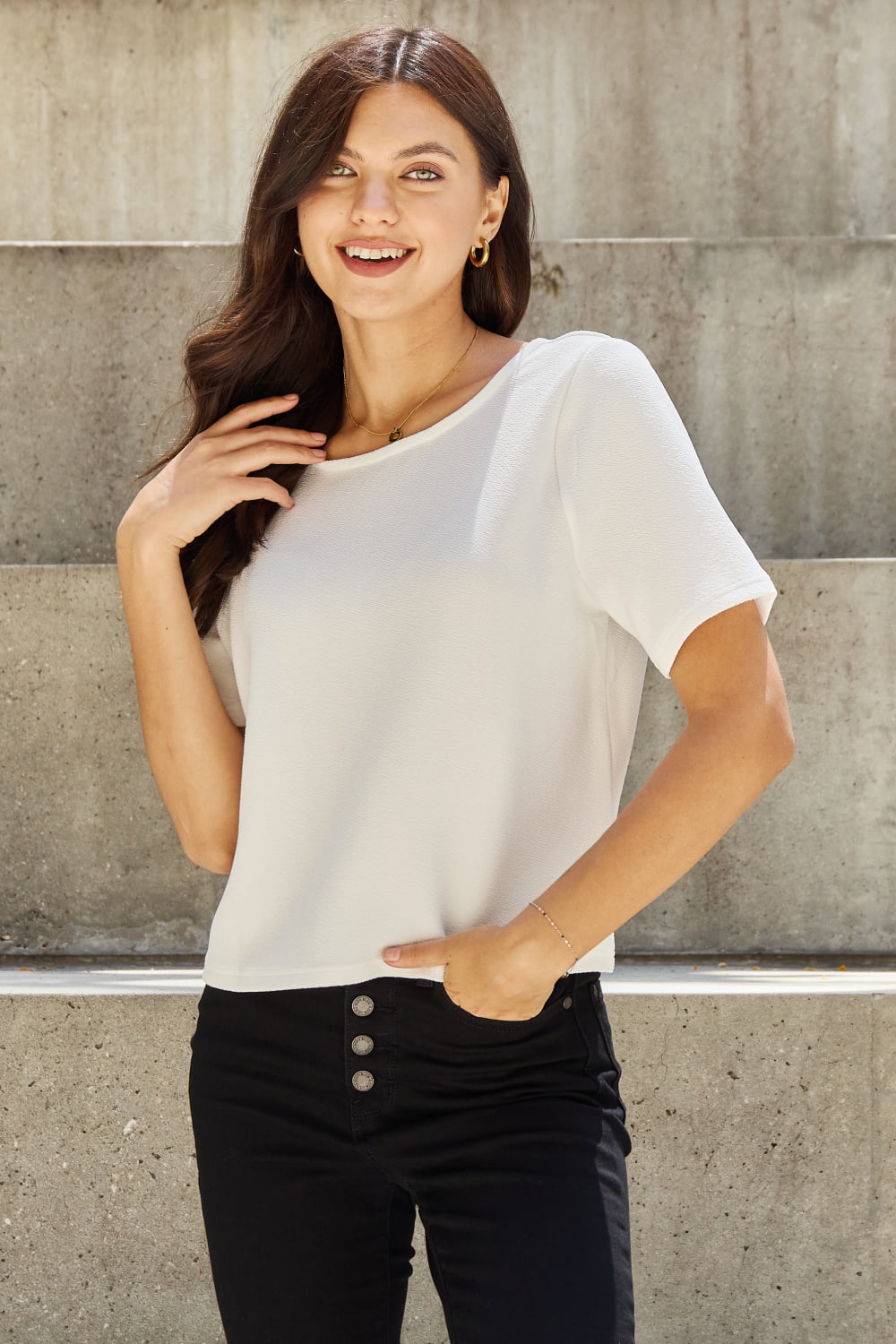 And The Why Pearly White Full Size Criss Cross Pearl Detail Open Back T-Shirt - Image 4