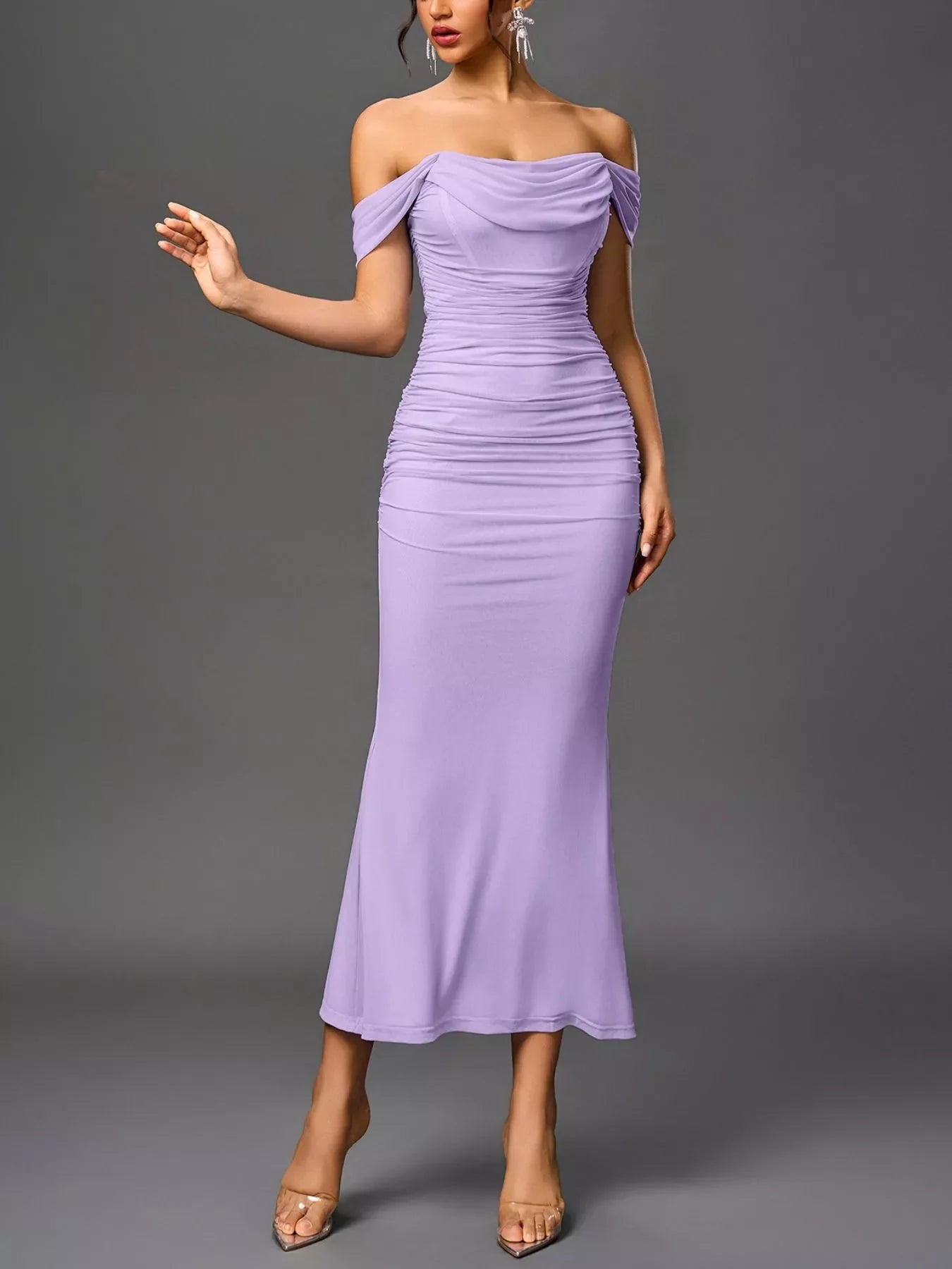 Off-Shoulder Ruched Mermaid Maxi Dress - Image 36