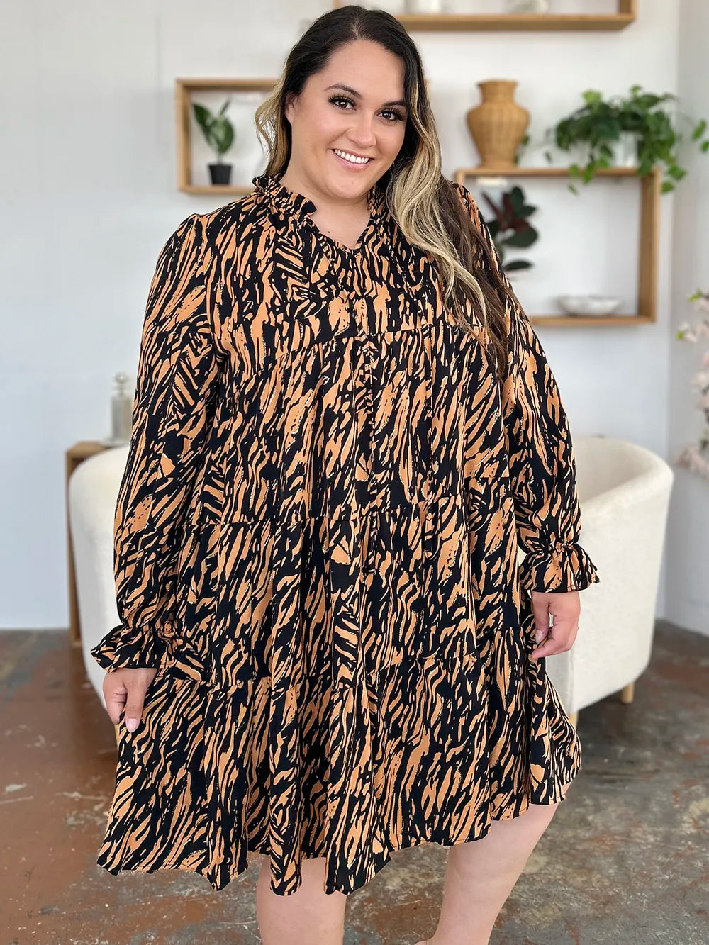 Double Take Full Size Printed Ruffle Hem Long Sleeve Dress - Image 11