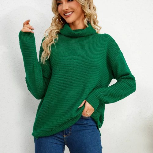 Slit Turtleneck Dropped Shoulder Sweater