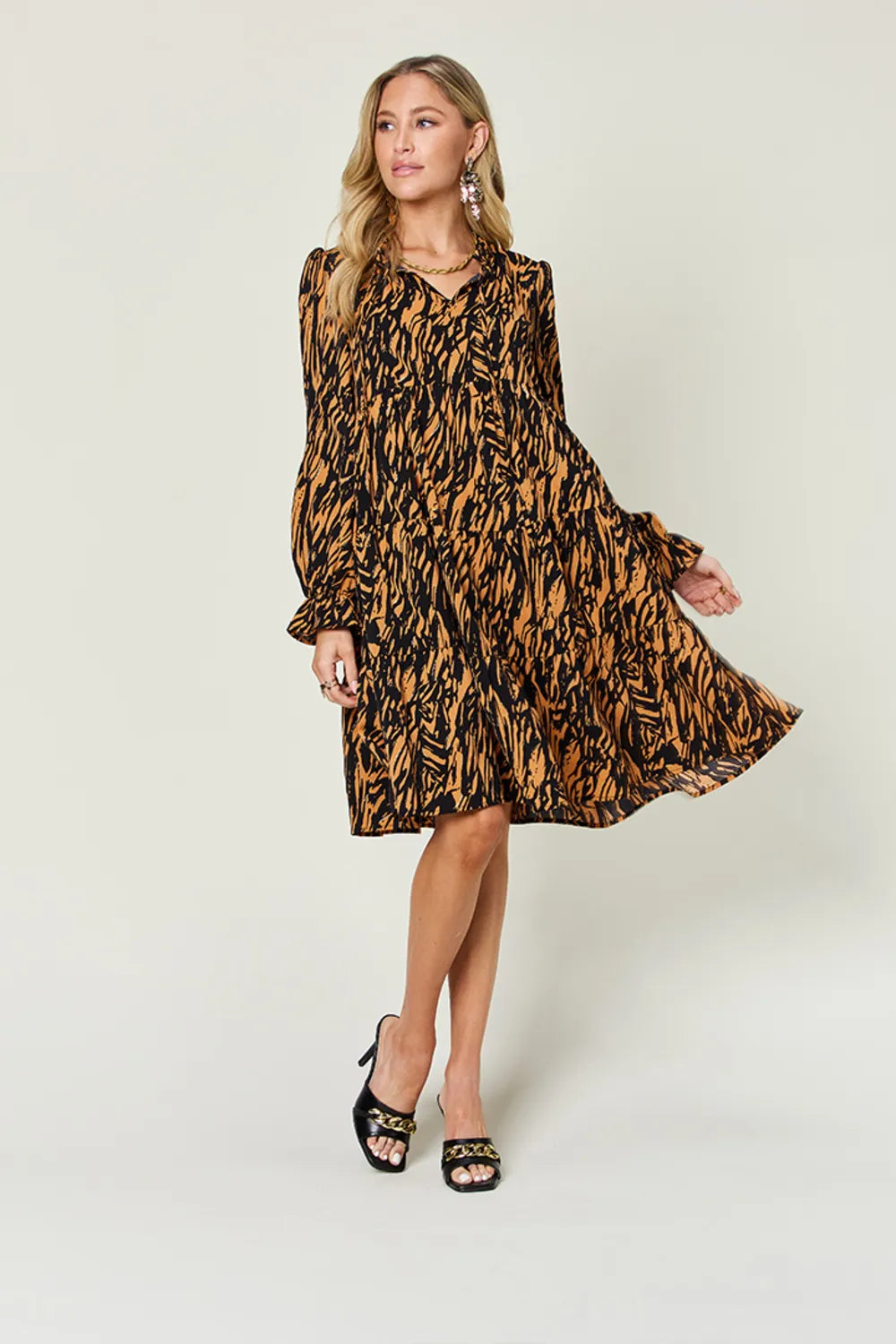 Double Take Full Size Printed Ruffle Hem Long Sleeve Dress - Image 5