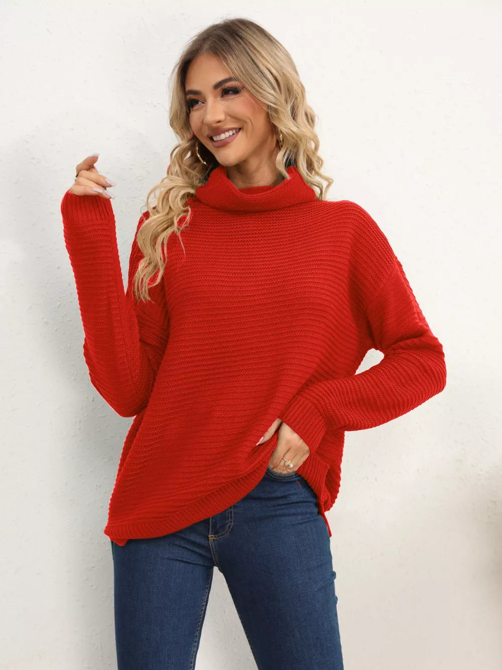 Slit Turtleneck Dropped Shoulder Sweater - Image 7