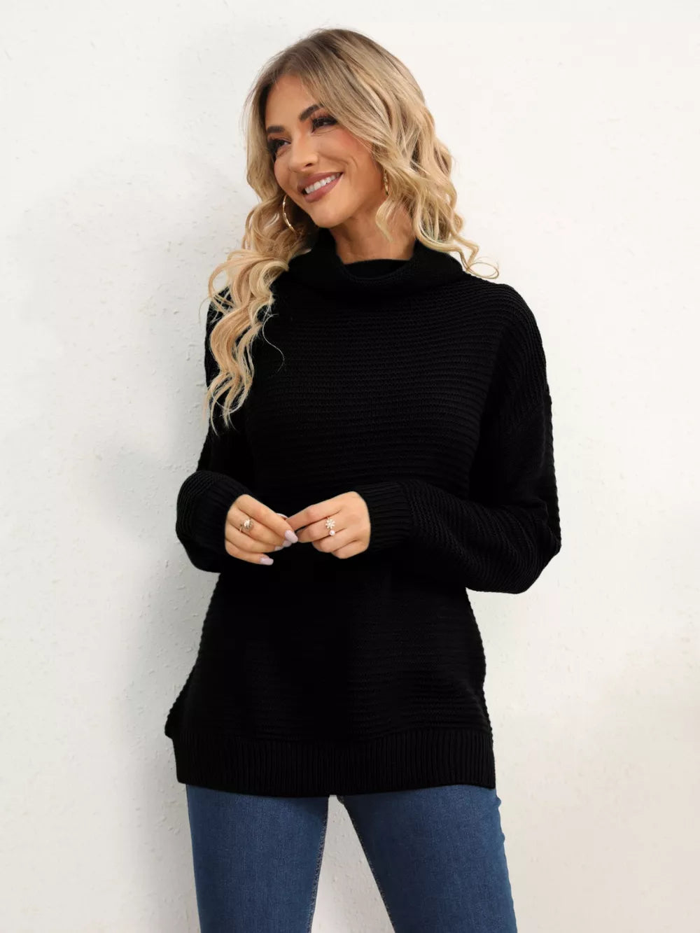 Slit Turtleneck Dropped Shoulder Sweater - Image 36